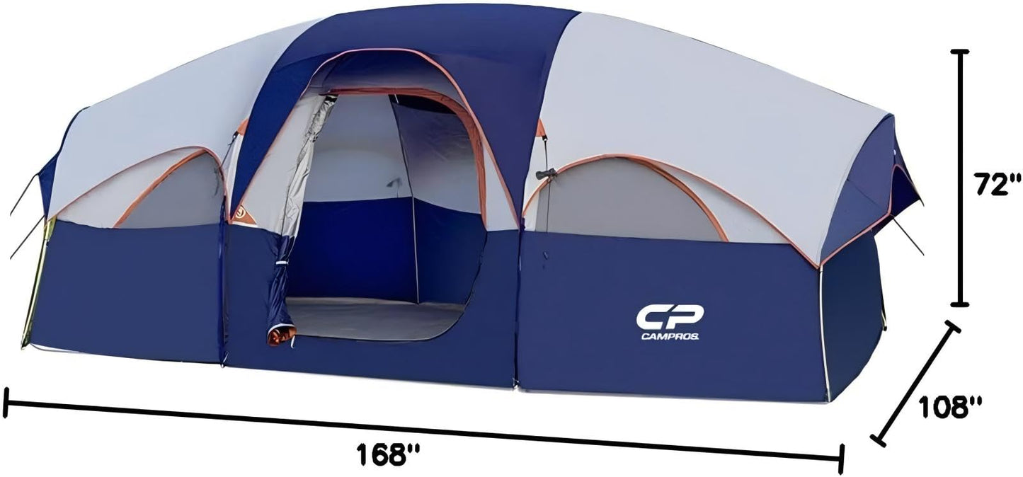 CAMPROS 8-Person Waterproof Windproof Family Tent, Double Layer, 5 Mesh Windows, Portable