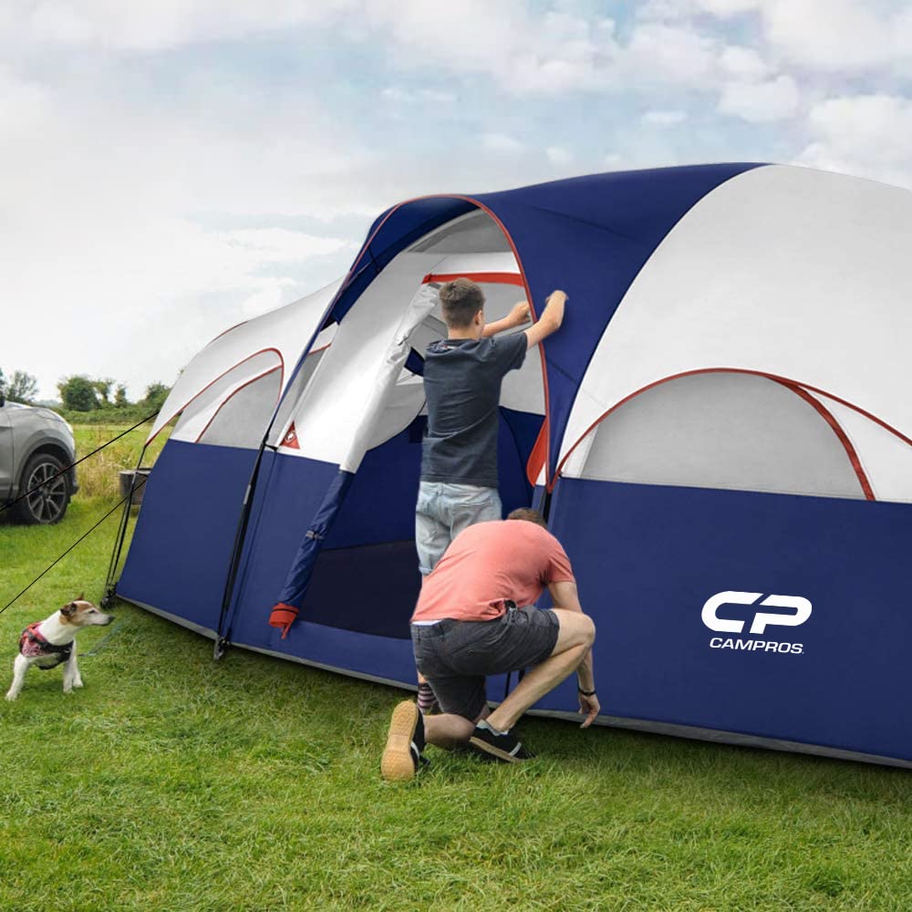 CAMPROS 8-Person Waterproof Windproof Family Tent, Double Layer, 5 Mesh Windows, Portable