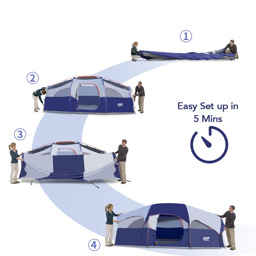 CAMPROS 8-Person Waterproof Windproof Family Tent, Double Layer, 5 Mesh Windows, Portable