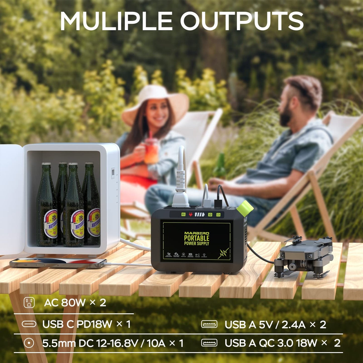 MARBERO Portable Power Station 88Wh, 120W Peak AC Outlet, Fast Charging, Solar Ready