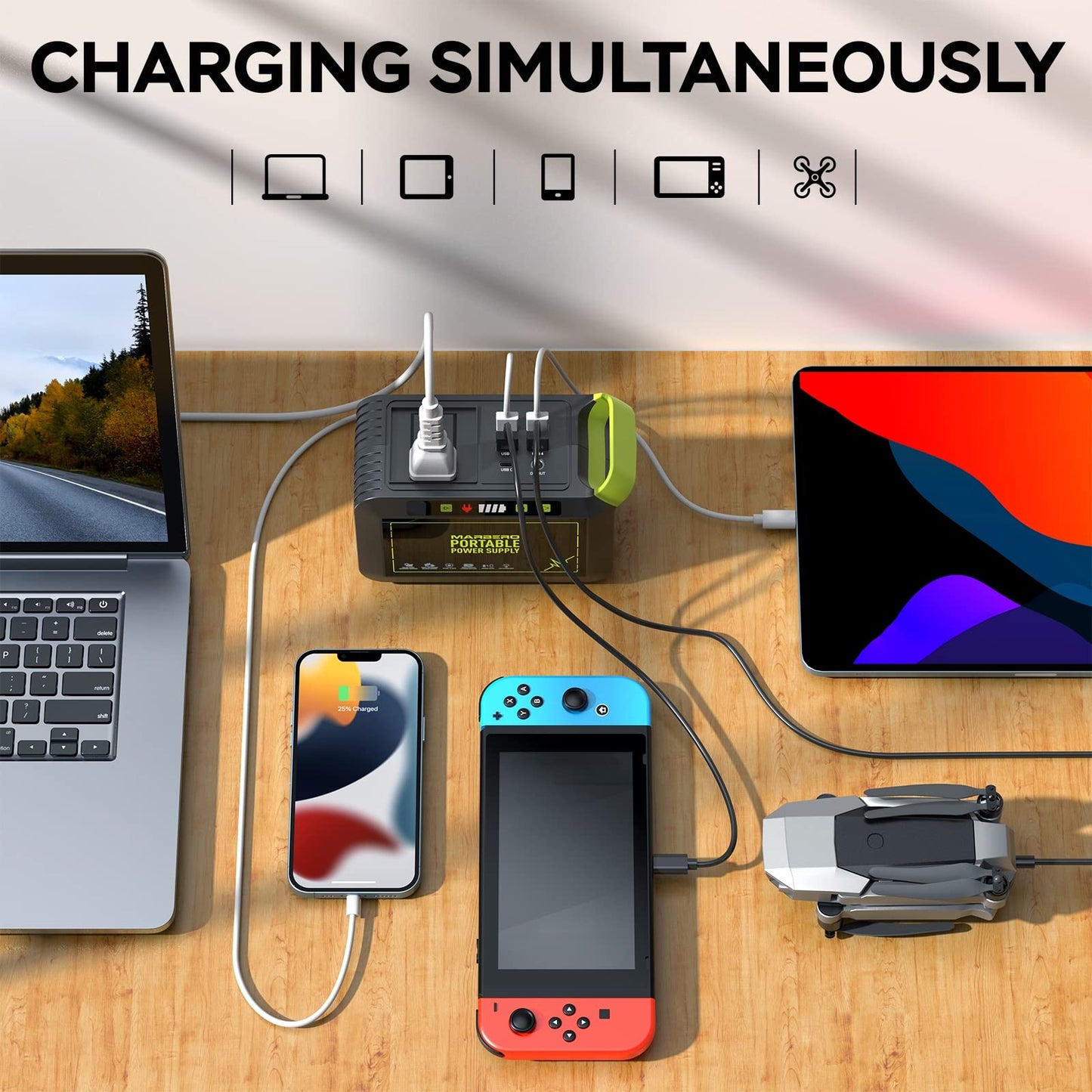 MARBERO Portable Power Station 88Wh, 120W Peak AC Outlet, Fast Charging, Solar Ready