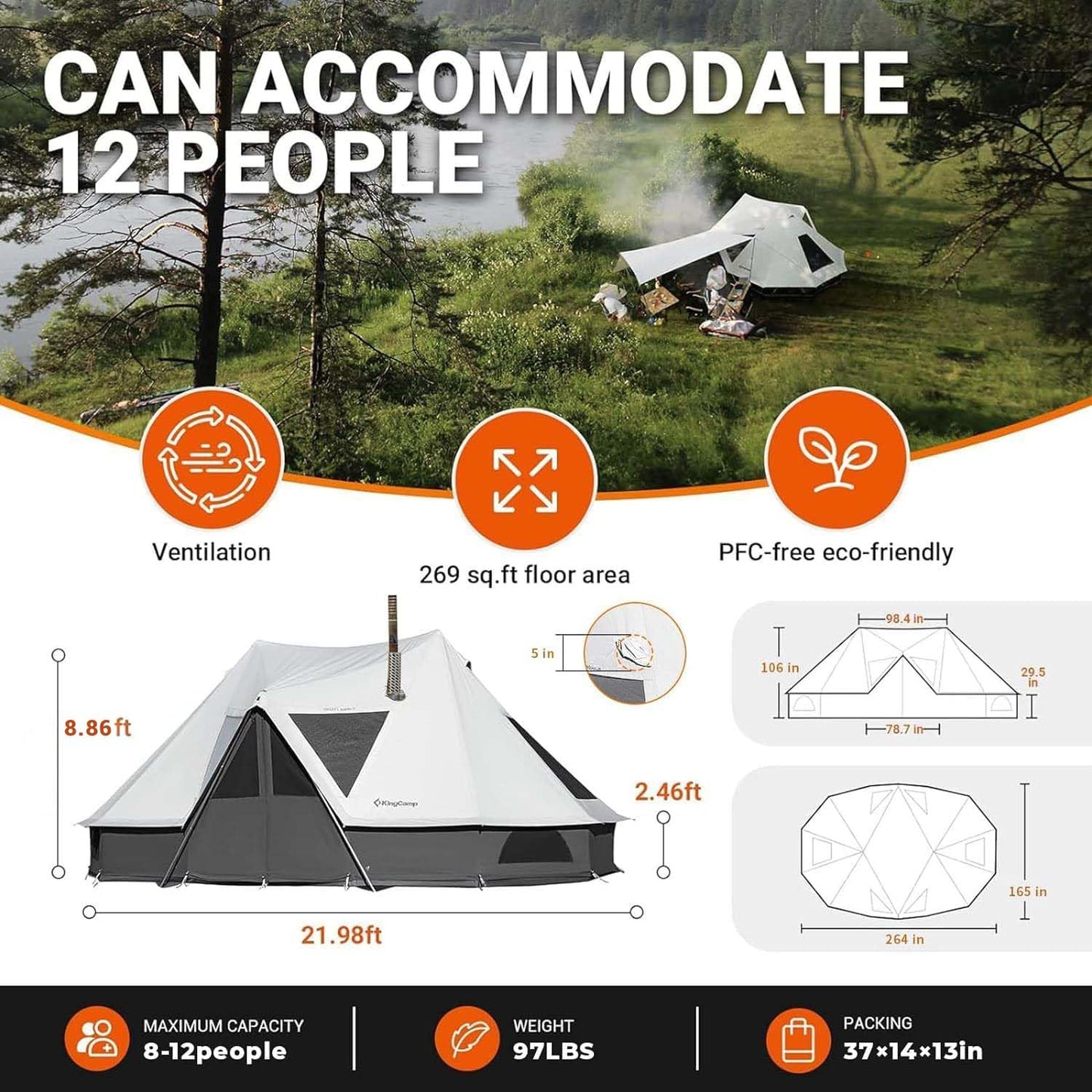 KingCamp Canvas Tent for Camping, 4 Seasons Large Waterproof & Windproof Luxury Glamping Tent with Stove Jack for Family Outdoor Camping, Hunting & Parties