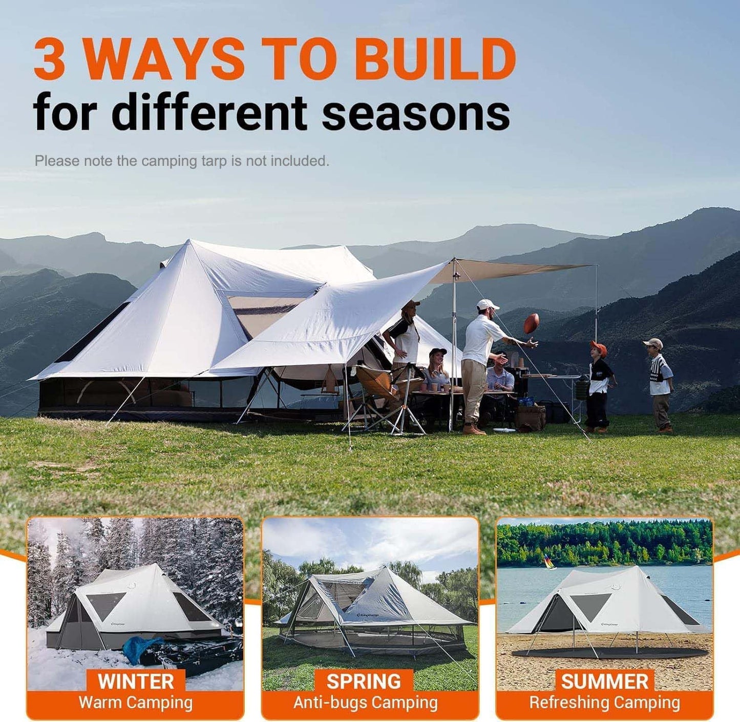 KingCamp Canvas Tent for Camping, 4 Seasons Large Waterproof & Windproof Luxury Glamping Tent with Stove Jack for Family Outdoor Camping, Hunting & Parties