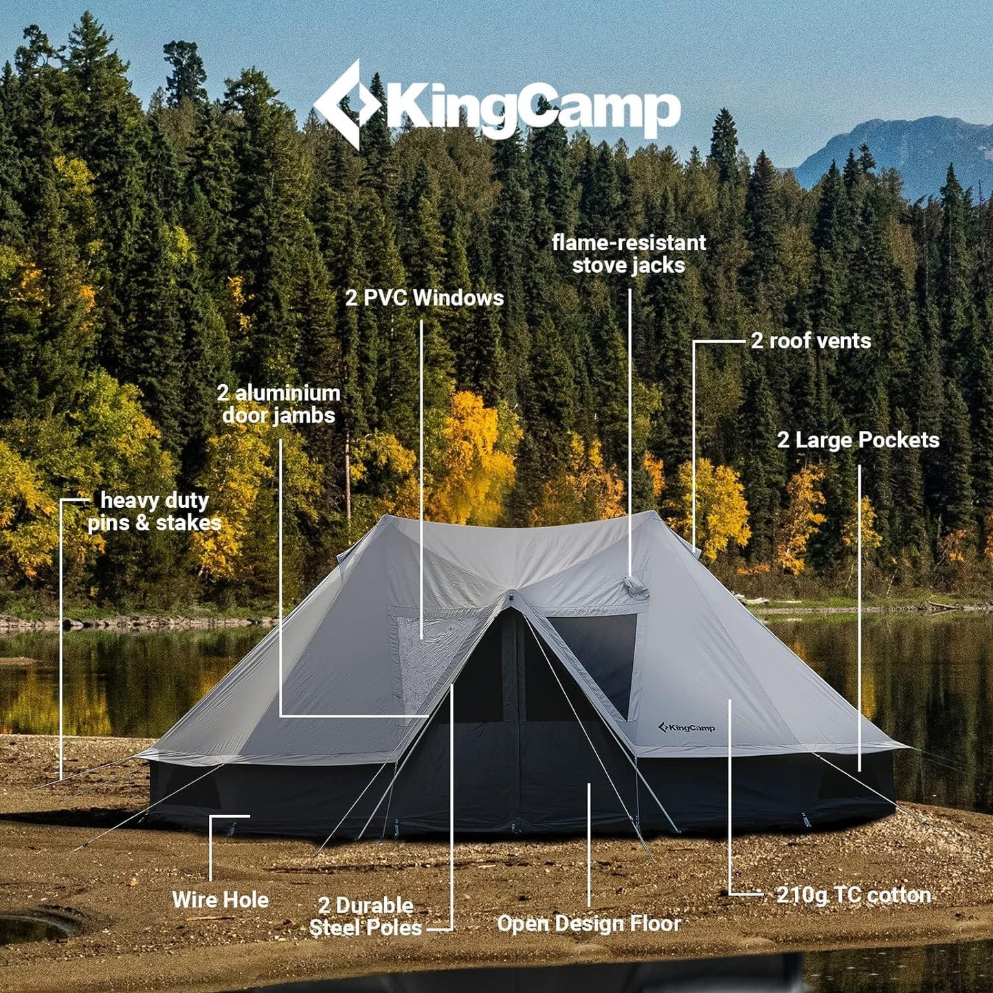 KingCamp Canvas Tent for Camping, 4 Seasons Large Waterproof & Windproof Luxury Glamping Tent with Stove Jack for Family Outdoor Camping, Hunting & Parties